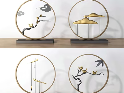 Chinese Style Ornament Decor Set With Circular Frame Gold Cloud Tree Branch And Bird 3d model