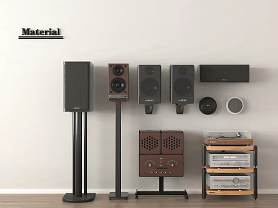 Stylish Home Audio Speaker Setup With Floor Standing Bookshelf Wall Mounted Speakers And Equipment Stand 3d model
