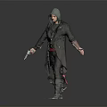 Hooded Man In Dark Coat With Red Belt Holding Dagger And Pistol Standing Still