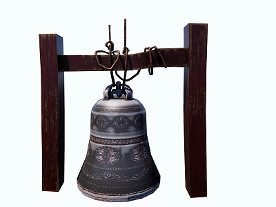 Traditional Musical Bell with Intricate Carved Patterns Hanging on Wooden Stand 3d model