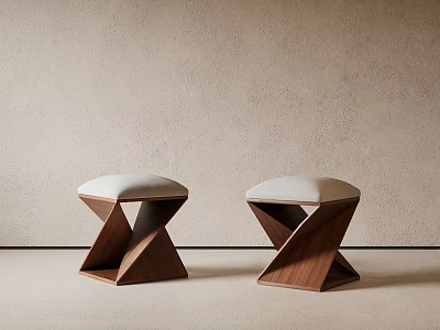 Geometric Wooden Stools With Light Upholstered Seats Against Beige Wall And Light Floor 3d model