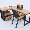 Modern Wooden Desk With Black Metal Frame Laptop Books And Chair