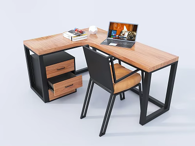 Modern Wooden Desk With Black Metal Frame Laptop Books And Chair 3d model