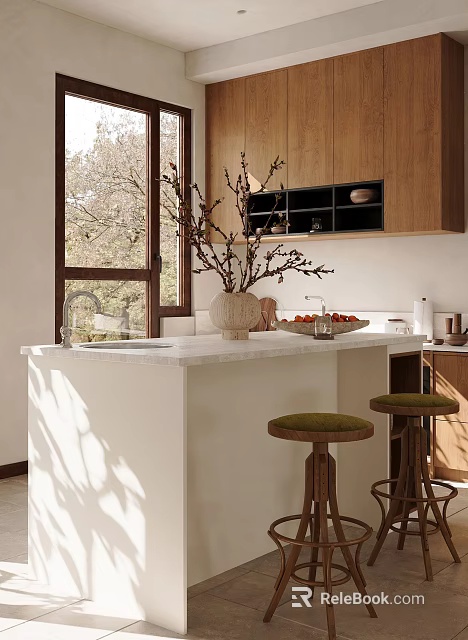 Modern Kitchen Interior With White Countertop Wooden Cabinets Green Stools And Natural Light 3d model 