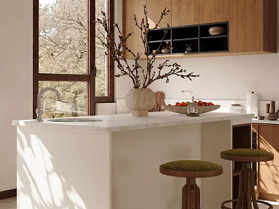 Modern Kitchen Interior With White Countertop Wooden Cabinets Green Stools And Natural Light 3d model