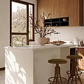 Modern Kitchen Interior With White Countertop Wooden Cabinets Green Stools And Natural Light