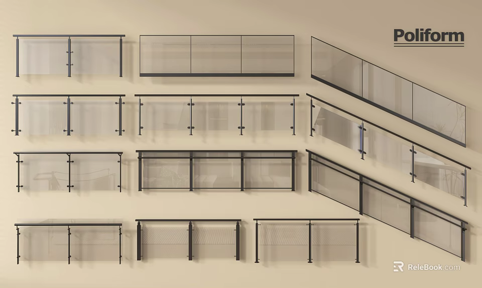 Modern Glass Panel Railings With Metal Frames And Various Styles For Interior Design 3d model 
