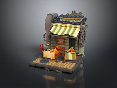 Cartoon Cottage Scene With Striped Awning Chimney Tables Chairs And Stone Pavement 3d model