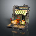 Cartoon Cottage Scene With Striped Awning Chimney Tables Chairs And Stone Pavement