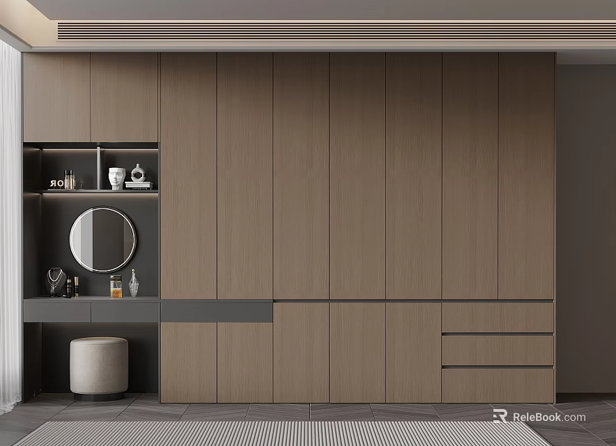 Modern Wooden Cabinetry Storage Space With Round Mirror And Decorative Items 3d model 
