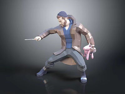 Low Poly Man Wearing Long Coat Hat Holding Wand And Pink Bag In Dynamic Pose 3d model