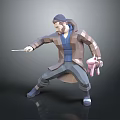 Low Poly Man Wearing Long Coat Hat Holding Wand And Pink Bag In Dynamic Pose