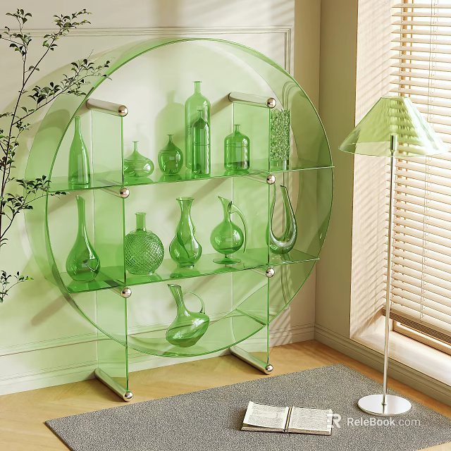 Modern Circular Green Etagere With Transparent Glass Shelves Displaying Glass Vases 3d model 