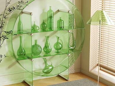 Modern Circular Green Etagere With Transparent Glass Shelves Displaying Glass Vases 3d model