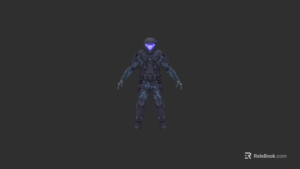 Advanced Futuristic Weaponized Combat Armor With Blue Glowing Visor And Tactical Gear 3d model 