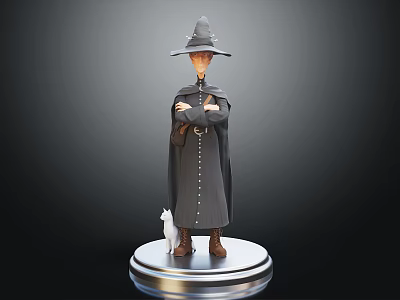 Mystical Wizard With Tall Hat And Long Cloak Standing By White Cat On Silver Pedestal 3d model