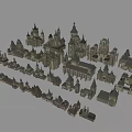 Medieval European City Architecture With Spires Towers Stone Rooftops And Arched Windows