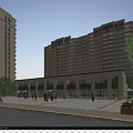 Vibrant Commercial Street With High Rise Buildings Pedestrians Green Trees Plaza Area And Parked Cars