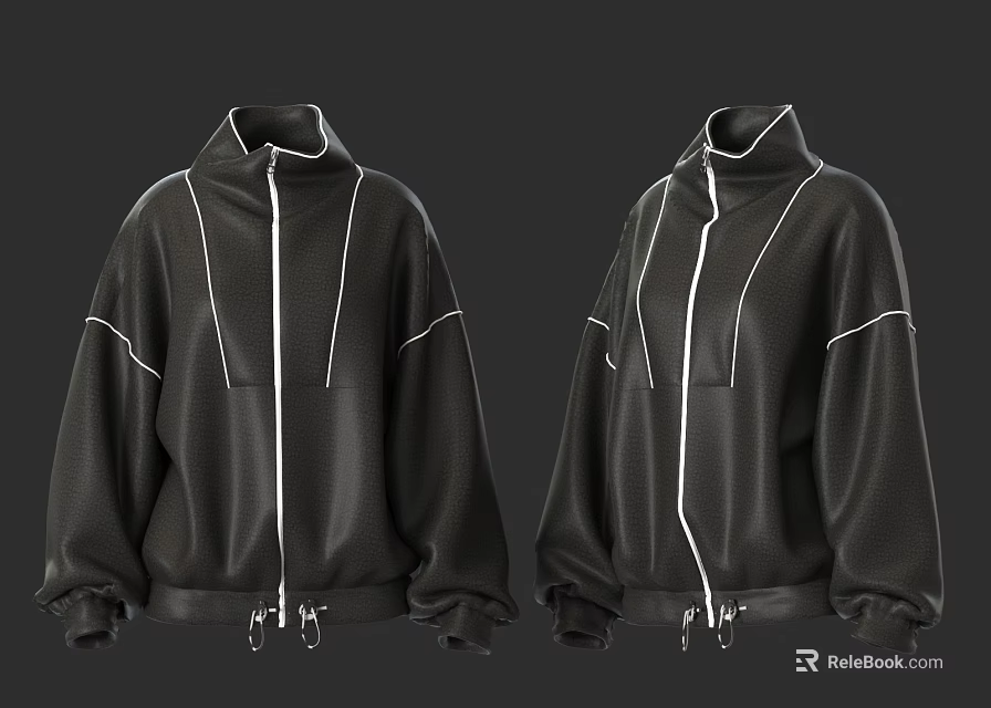 Black Loose Fit Jacket With Zipper Design And White Stitching Details 3d model 