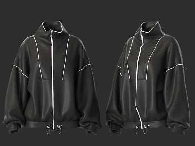 Black Loose Fit Jacket With Zipper Design And White Stitching Details 3d model