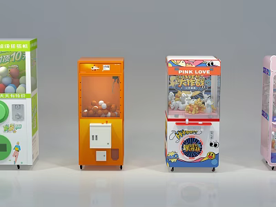 Colorful Amusement Arcade Machines Including Claw And Gashapon Models With Pink Love Design 3d model