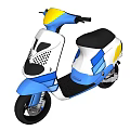 Stylish Blue White Yellow Scooter With Black Seat And Geometric Patterns On White Background