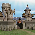 Cartoon Fantasy Castle With Blue Spires Stone Walls And Green Lawn Under Sunlight