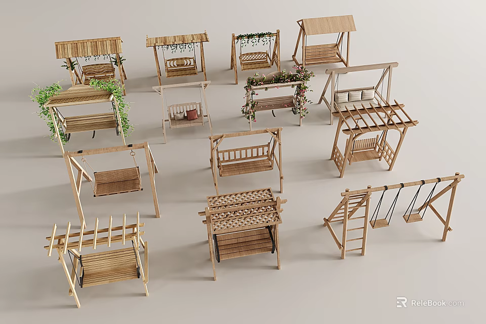 Wooden Playground Equipment with Various Swings Climbing Frames and Green Plants Decoration 3d model 