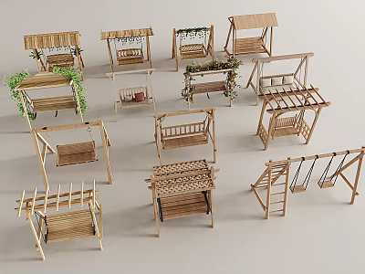 Wooden Playground Equipment with Various Swings Climbing Frames and Green Plants Decoration 3d model