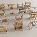 Wooden Playground Equipment with Various Swings Climbing Frames and Green Plants Decoration