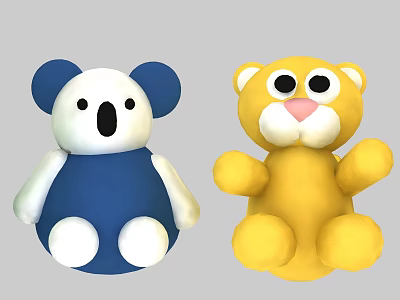 Cute Soft Plush Stuffed Toys Blue White Koala and Yellow Tiger Design 3d model
