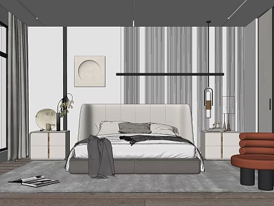 Modern Minimalist Bedroom Interior With Upholstered Bed Circular Wall Art And Orange Accent Chair 3d model