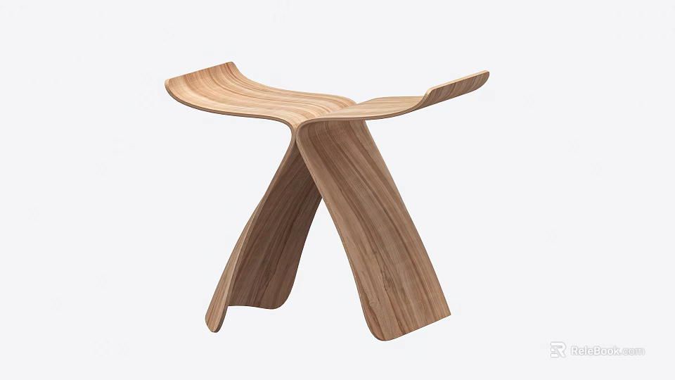 Modern Minimalist Wooden Stool With Curved Seat And X Shaped Legs Design 3d model 