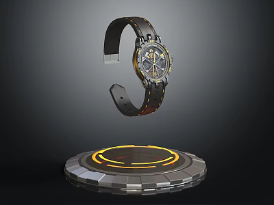 Elegant Black Leather Strap Watch Featuring Intricate Dial Gold Accents Floating On Illuminated Circular Base 3d model