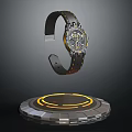 Elegant Black Leather Strap Watch Featuring Intricate Dial Gold Accents Floating On Illuminated Circular Base