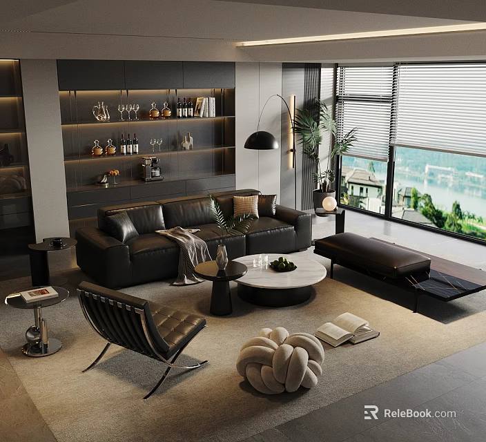 Modern Black Leather Sofa and Coffee Table Set with Chaise Lounge City View and Plants 3d model 