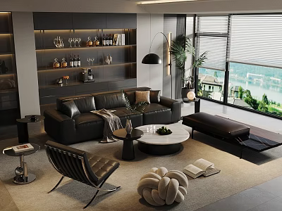Modern Black Leather Sofa and Coffee Table Set with Chaise Lounge City View and Plants 3d model