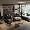 Modern Black Leather Sofa and Coffee Table Set with Chaise Lounge City View and Plants