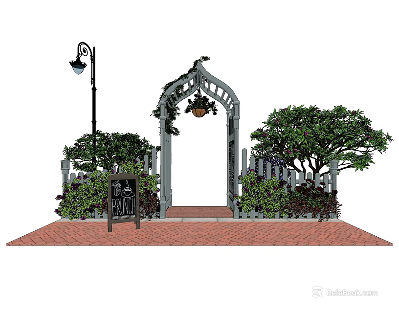 Arched Entrance Gate With Green Trees Shrubs White Fence Street Lamp And Red Brick Path 3d model 