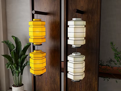 Yellow And White Lanterns Mounted On Dark Wooden Door With Plants 3d model