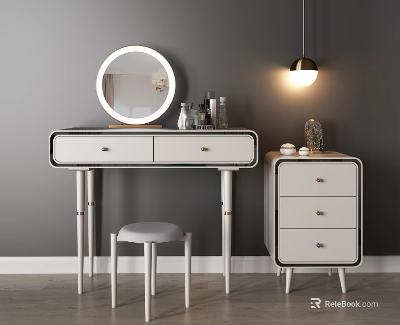 Modern Dressing Table With Round Mirror Stool And Cosmetic Storage Cabinet 3d model 