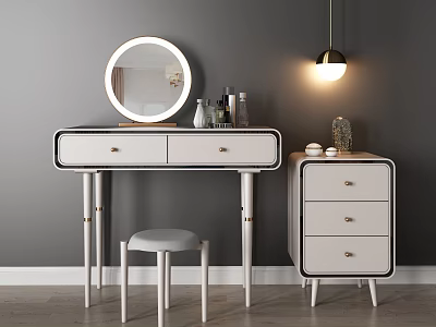 Modern Dressing Table With Round Mirror Stool And Cosmetic Storage Cabinet 3d model