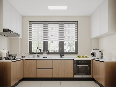 Modern Minimalist Kitchen Interior With White And Wooden Cabinets Window Blinds And Appliances 3d model