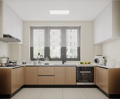 Modern Minimalist Kitchen Interior With White And Wooden Cabinets Window Blinds And Appliances 3d model