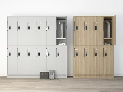 White And Wooden Storage Lockers Design With Open Doors And Hanging Clothes Accessories 3d model
