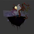 Fantasy Building With Red Roof On Floating Island And Curved Red Vine With Red Flower