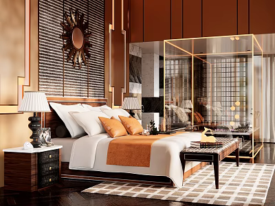 Modern Bedroom Interior With White Orange Pillows Bedside Lamps And Golden Partition 3d model