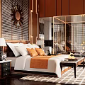 Modern Bedroom Interior With White Orange Pillows Bedside Lamps And Golden Partition