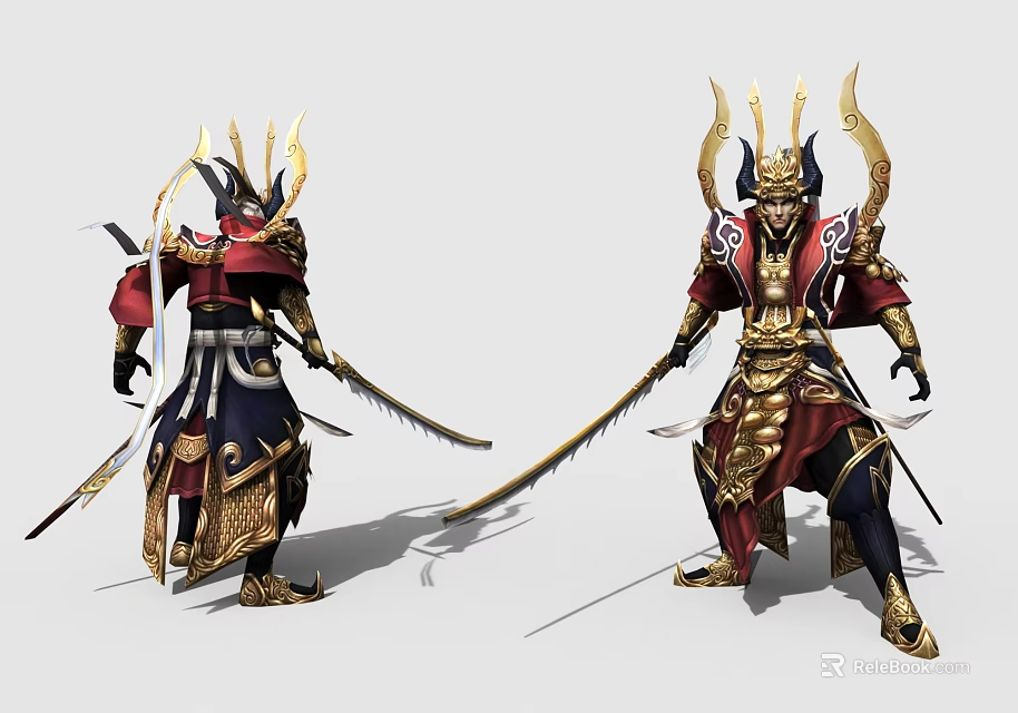 Game And Movie Characters Wearing Ornate Armor Golden Accents Red Blue Long Swords Horned Helmets 3d model 