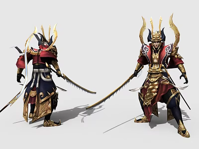 Game And Movie Characters Wearing Ornate Armor Golden Accents Red Blue Long Swords Horned Helmets 3d model